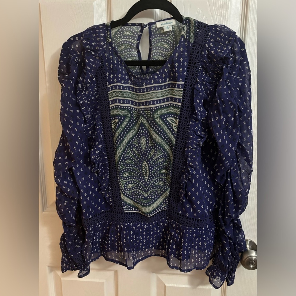 Sundance | Delamere Blouse Victorian Sheer Crochet Ruffle‎ Blouse Purple Sz S